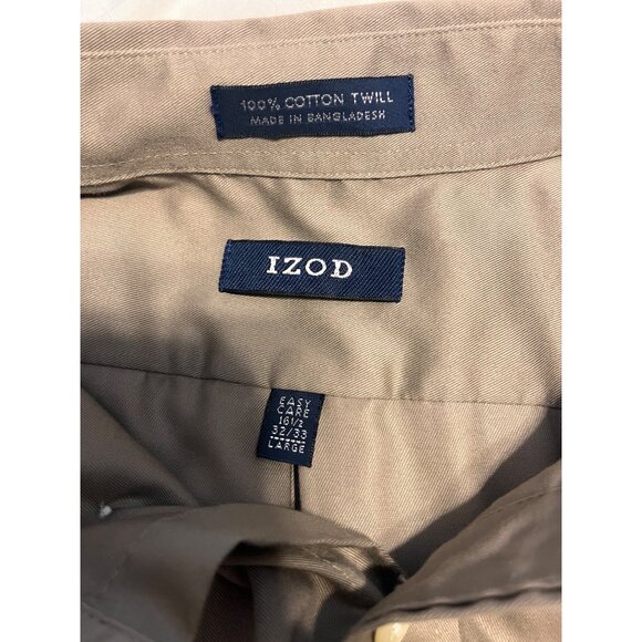 Izod Mens Large Beige brown Cotton Twill Button-Down Shirt With Pocket - Picture 3 of 4
